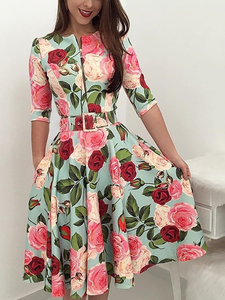 Wholesale 2023 fashion sexy ladies O-neck short sleeve floral A-line Women Sheath Dresses (C471)