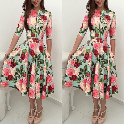 Wholesale 2023 fashion sexy ladies O-neck short sleeve floral A-line Women Sheath Dresses (C471)