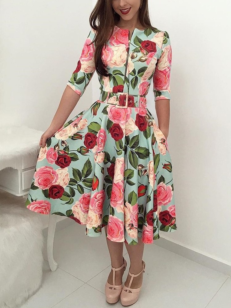 Wholesale 2023 fashion sexy ladies O-neck short sleeve floral A-line Women Sheath Dresses (C471)