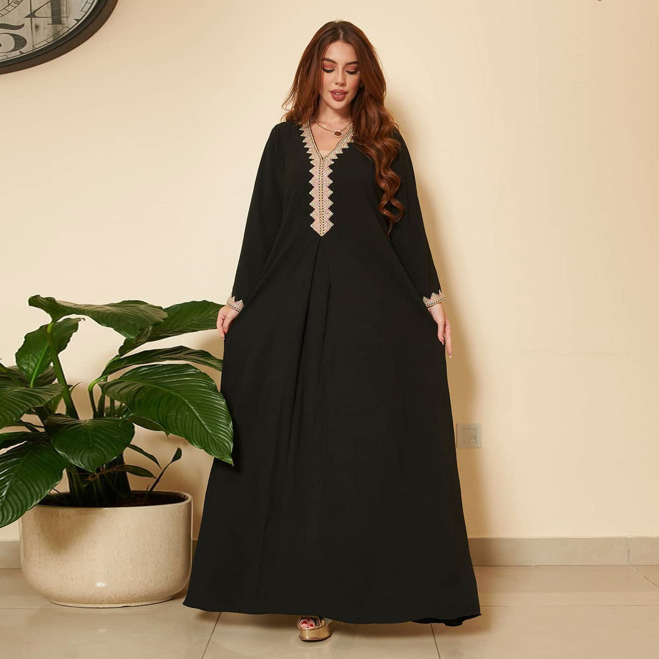 AB163 Autumn Winter Middle Eastern Muslim Fashion Lace European and American Ethnic Style Southeast Asian Women's Swing Dress