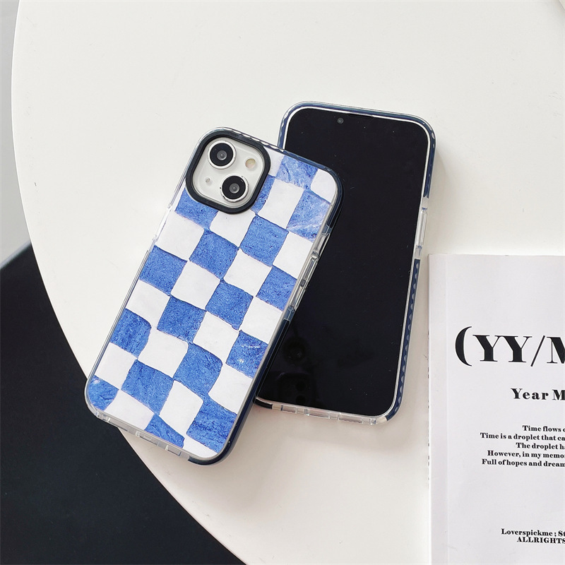 Black and white plaid pattern black photo frame TPU transparent phone case for iPhone 15 pro max  Samsung S23 ULTRA