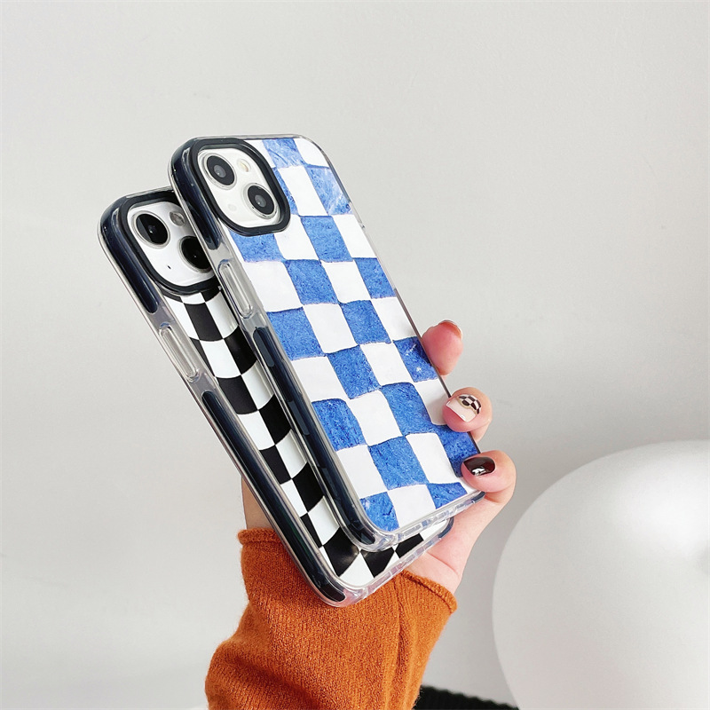 Black and white plaid pattern black photo frame TPU transparent phone case for iPhone 15 pro max  Samsung S23 ULTRA