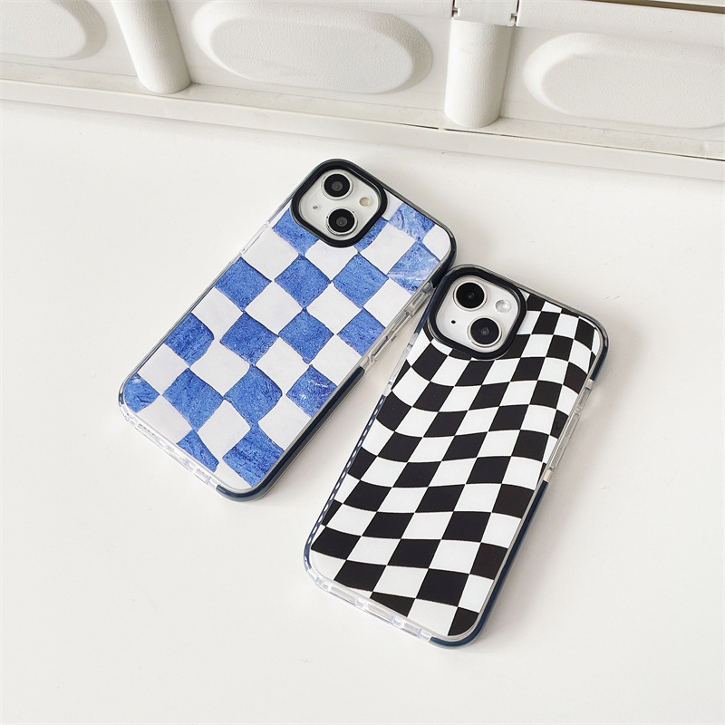 Black and white plaid pattern black photo frame TPU transparent phone case for iPhone 15 pro max  Samsung S23 ULTRA