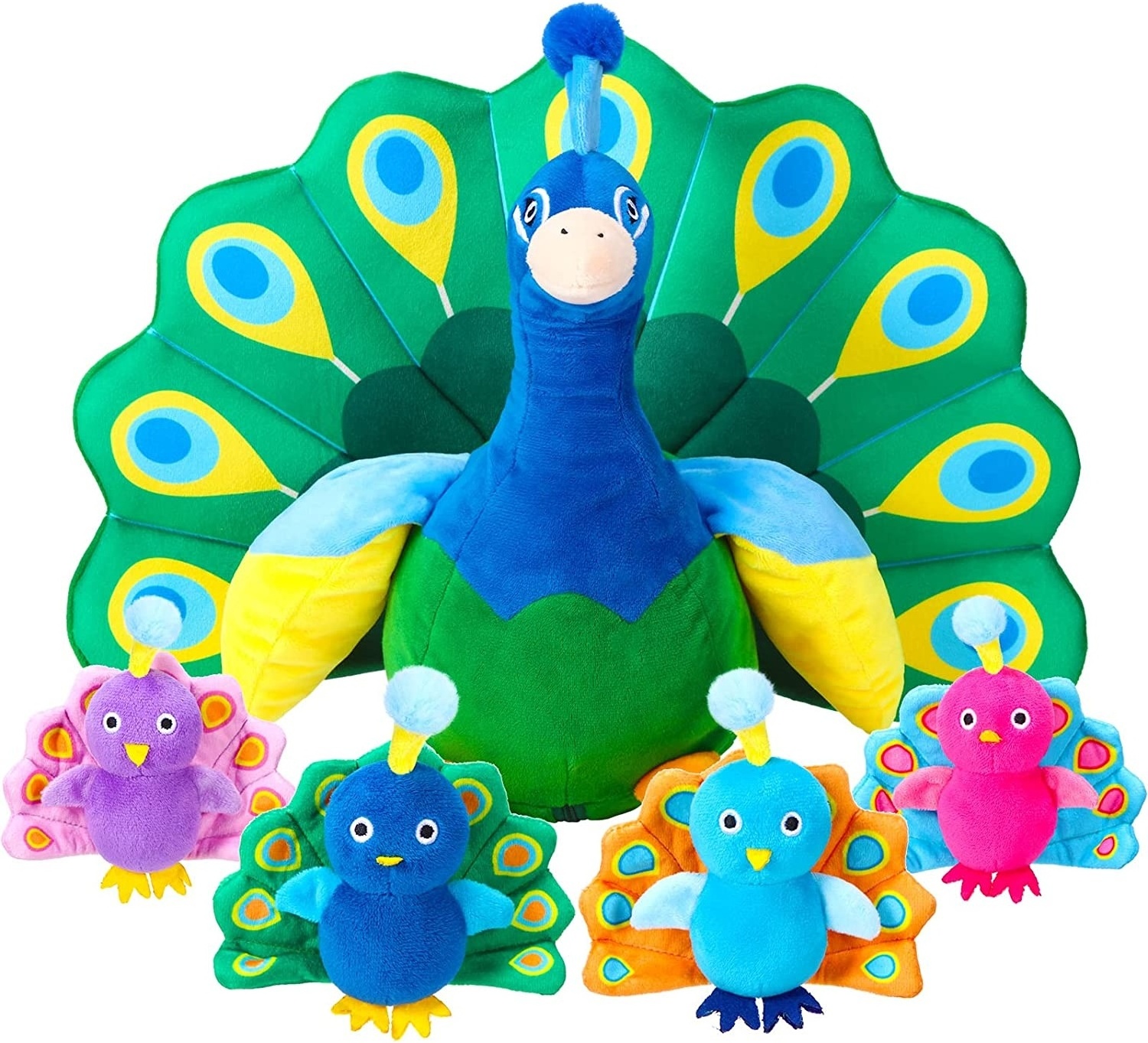 Plush Peacock Stuffed Animal Tummy Carrier with 4 Little Plush Peacock Inside Its Zippered Tummy Peacock Cuddly Toy