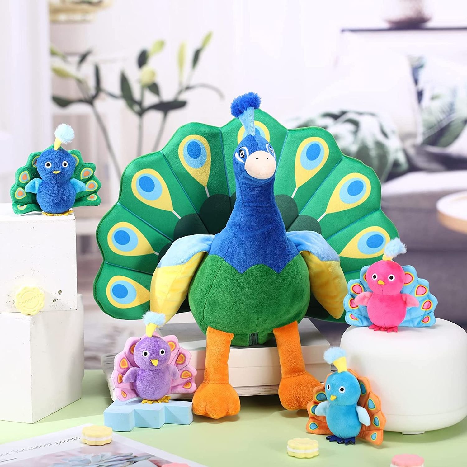 Plush Peacock Stuffed Animal Tummy Carrier with 4 Little Plush Peacock Inside Its Zippered Tummy Peacock Cuddly Toy