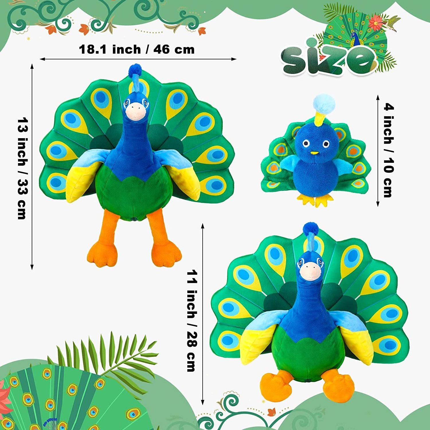 Plush Peacock Stuffed Animal Tummy Carrier with 4 Little Plush Peacock Inside Its Zippered Tummy Peacock Cuddly Toy