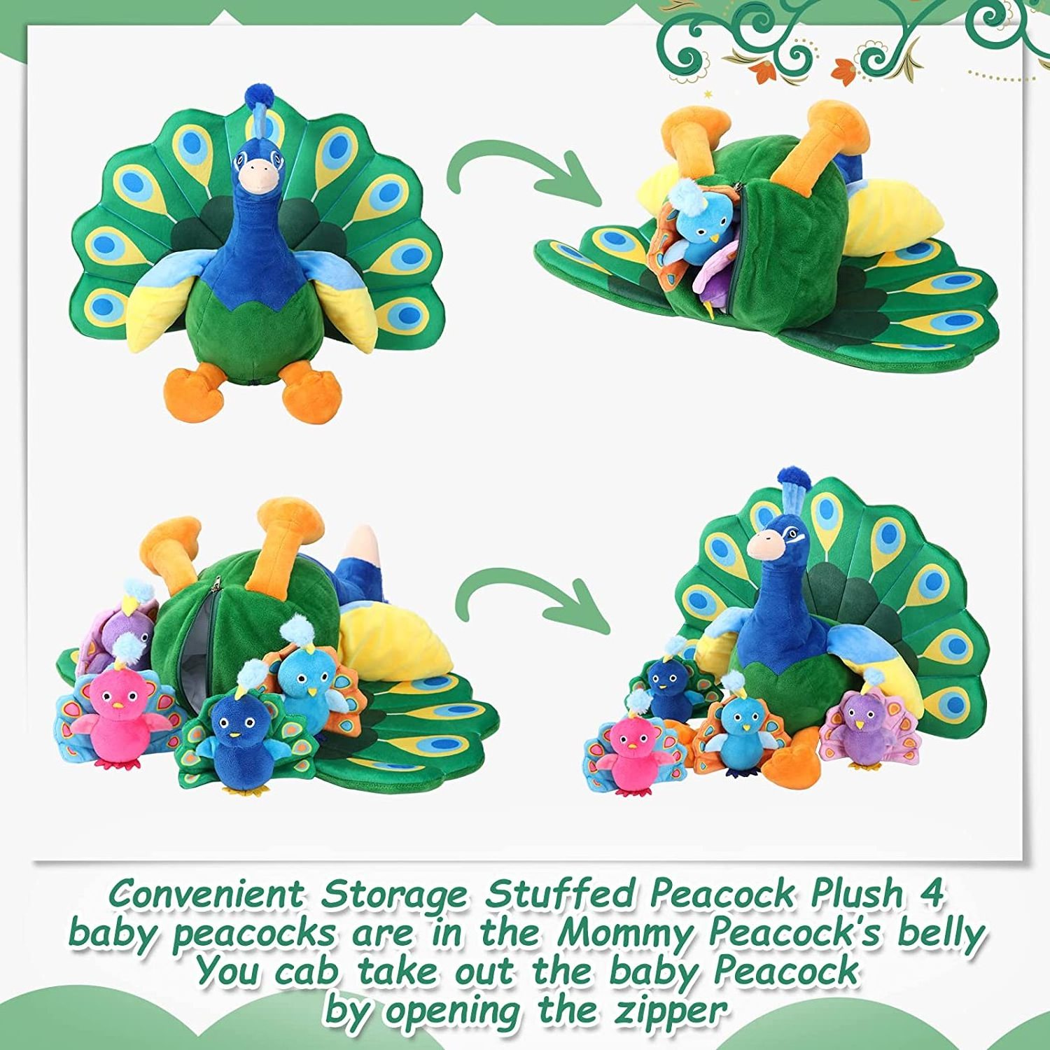 Plush Peacock Stuffed Animal Tummy Carrier with 4 Little Plush Peacock Inside Its Zippered Tummy Peacock Cuddly Toy