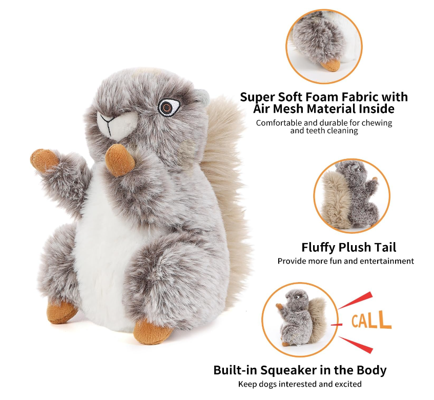 Squeaky dog toys Cute stuffed squirrels Durable dog plush toys  Chew toys for small, medium and large dogs