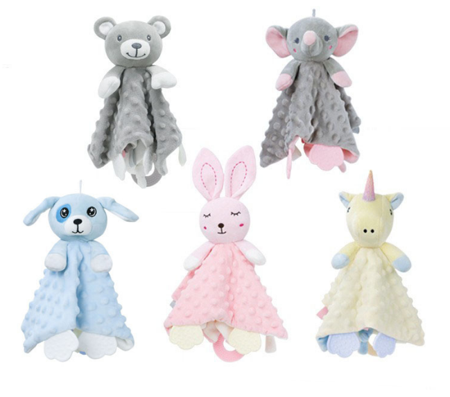 wholesale lovely plush baby comforter blanket toy with teether plush teddy bear security blanket