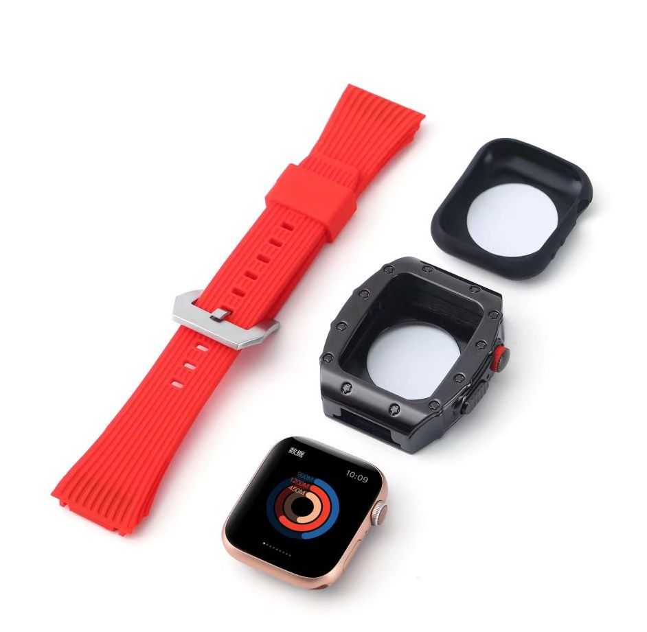 Stainless Steel Case for Apple Watch Band 44/45mm Rubber Silicone Strap for Iwatch Series 8 7 6 5 4 Sport Case Modification Kit