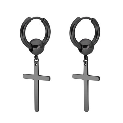 Trendy Men's Stainless Steel Chain Earrings Cross Round Black Earrings Men's Creative Style Explosion Style