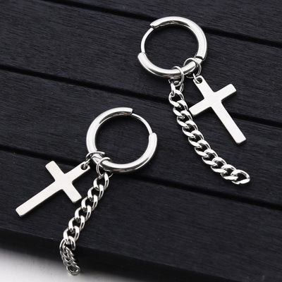 Trendy Men's Stainless Steel Chain Earrings Cross Round Black Earrings Men's Creative Style Explosion Style