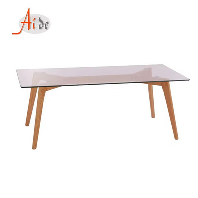 Cheap Restaurant Home Rectangle Tempered Glass Top Living Room Coffee Table with Oak Wooden Legs