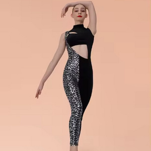 Factory two-tone Leotard a with teardrop shape low keyhole cut-out separate black velvet crop top Jazz Wear