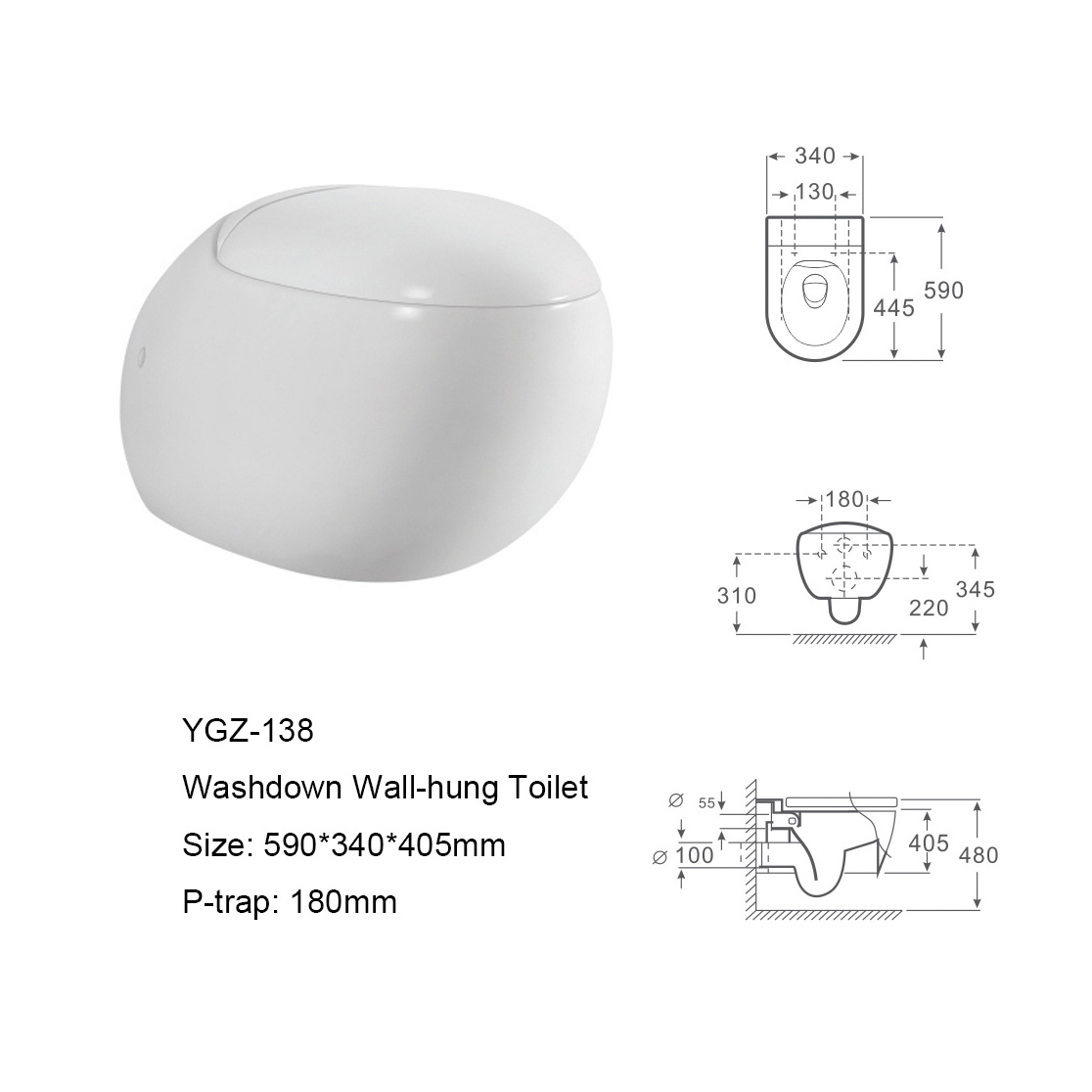 AIDI Best Selling Modern Ceramic Bathroom Rimless Egg Shape Round Bowl Wall Hung Toilet