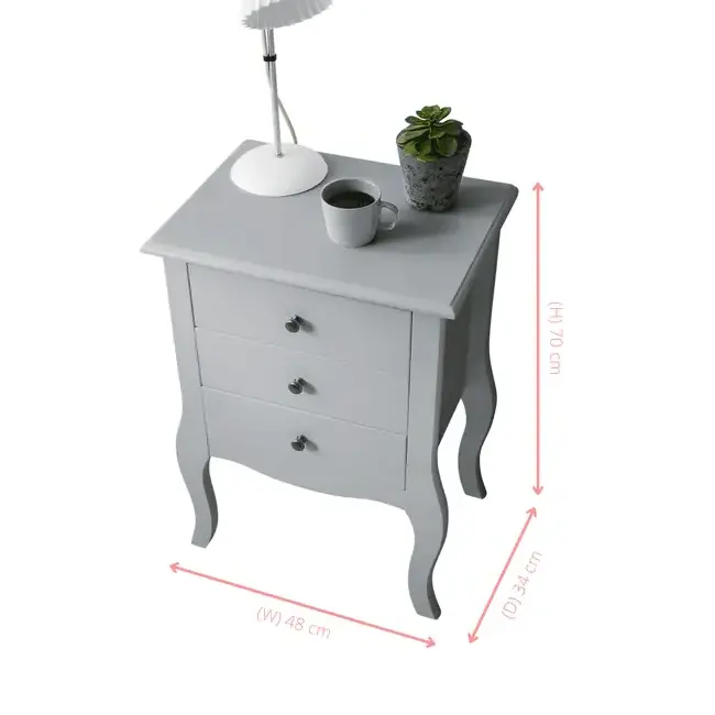 White Finish Nightstand Side End Table Smart Curved Legs 3 Drawer in Silk Grey Wood Side Table