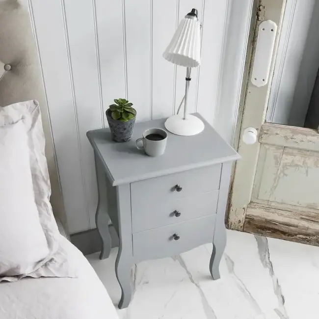 White Finish Nightstand Side End Table Smart Curved Legs 3 Drawer in Silk Grey Wood Side Table