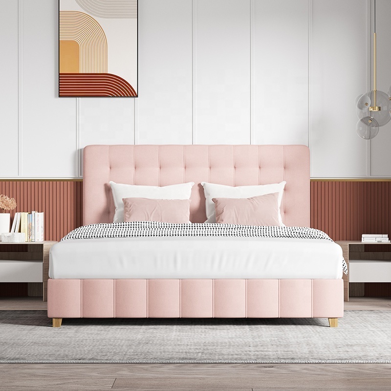 King Size Pink Upholstered Bed Diamond Tufted Headboard Kids Children Girls Bedroom Furniture Bedding Sets With Platform Fram