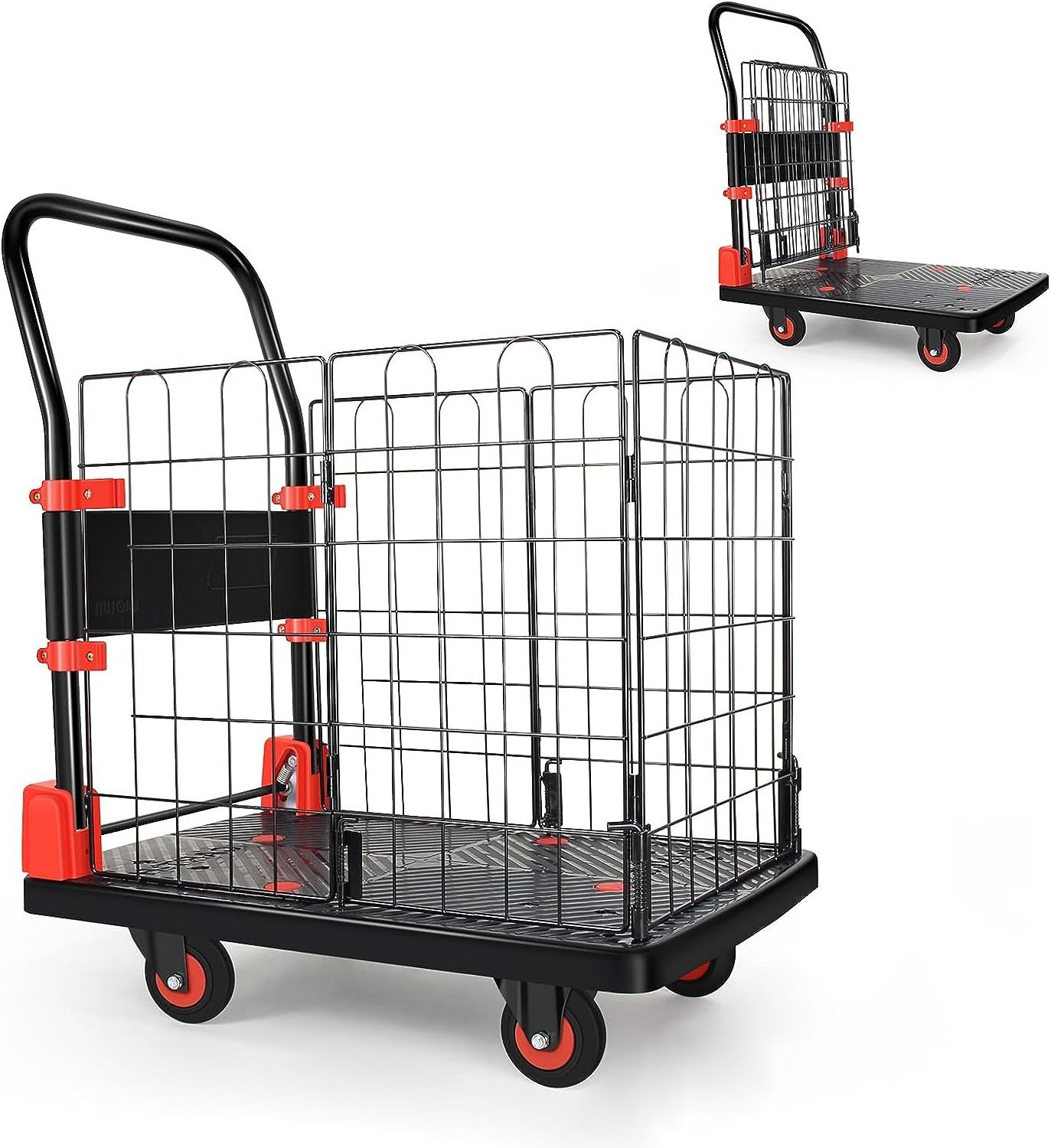 Foldable Push Cart Dolly  Swivel Wheels for Warehouse Platform Truck Cart with Cage Folding Hand Truck Cage Cart