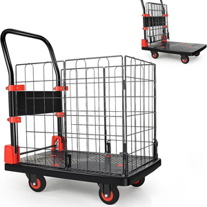 Foldable Push Cart Dolly  Swivel Wheels for Warehouse Platform Truck Cart with Cage Folding Hand Truck Cage Cart