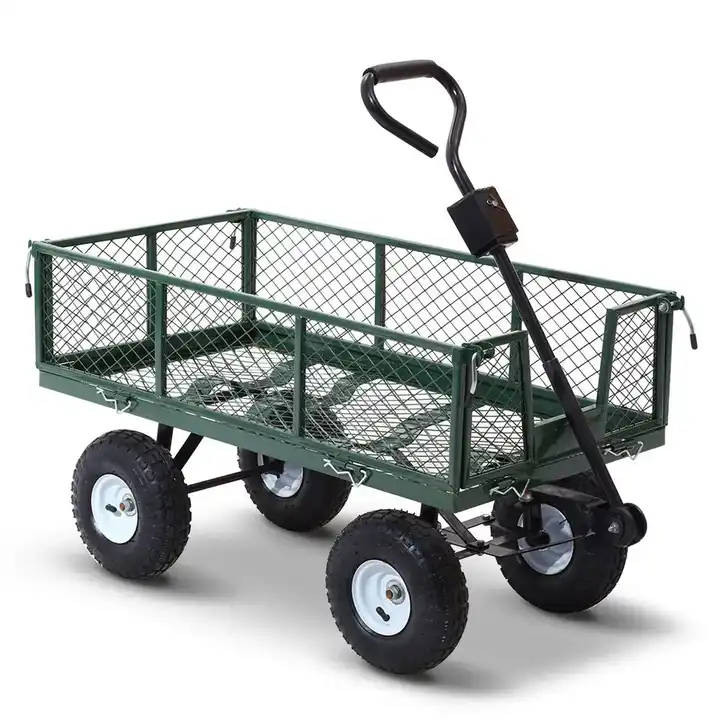 Heavy Duty Steel Mesh Yard Garden Outdoor Firewood Cart Utility Garden Tool Trolley Cart  Four Wheels Removable Sides