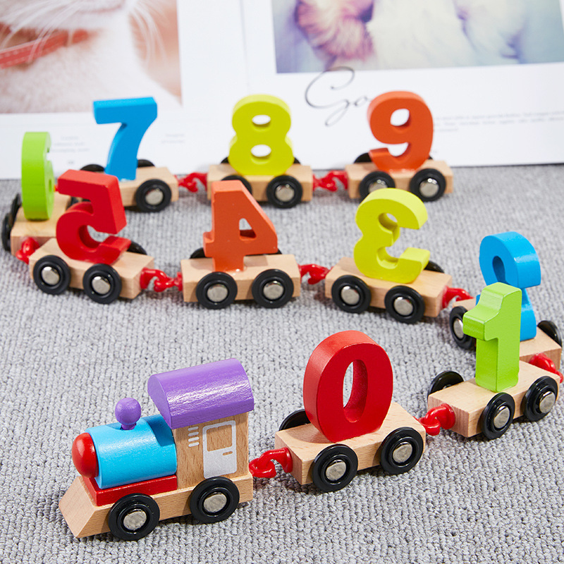 Wholesale Kids Montessori Early Educational Puzzle Assembly Combination Alphabet Wooden Digital Cognition Blocks Train Toys Set