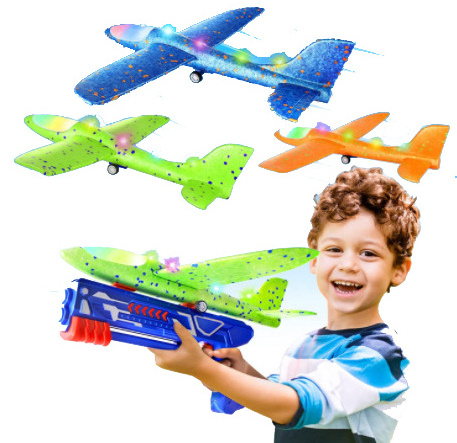 Outstoor Scratch Resistant Bubble Catapult Gun Airplane Toy With Throwing EVA Foam and Full Lights Plane Shooter Toy for kids