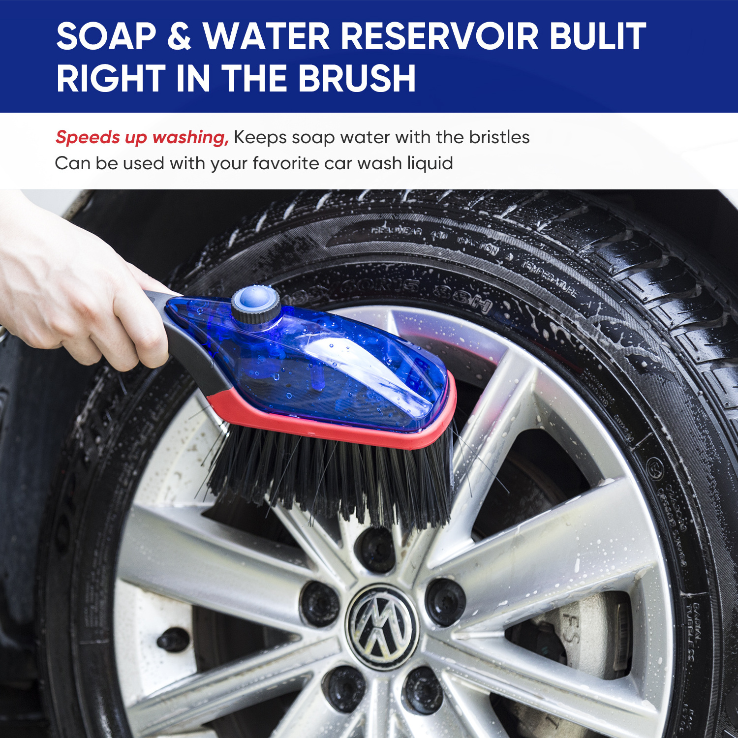 3 in 1 Car Soap & Water Reservoir Built Right In The Brush with PP handle wheel cleaning tire brush