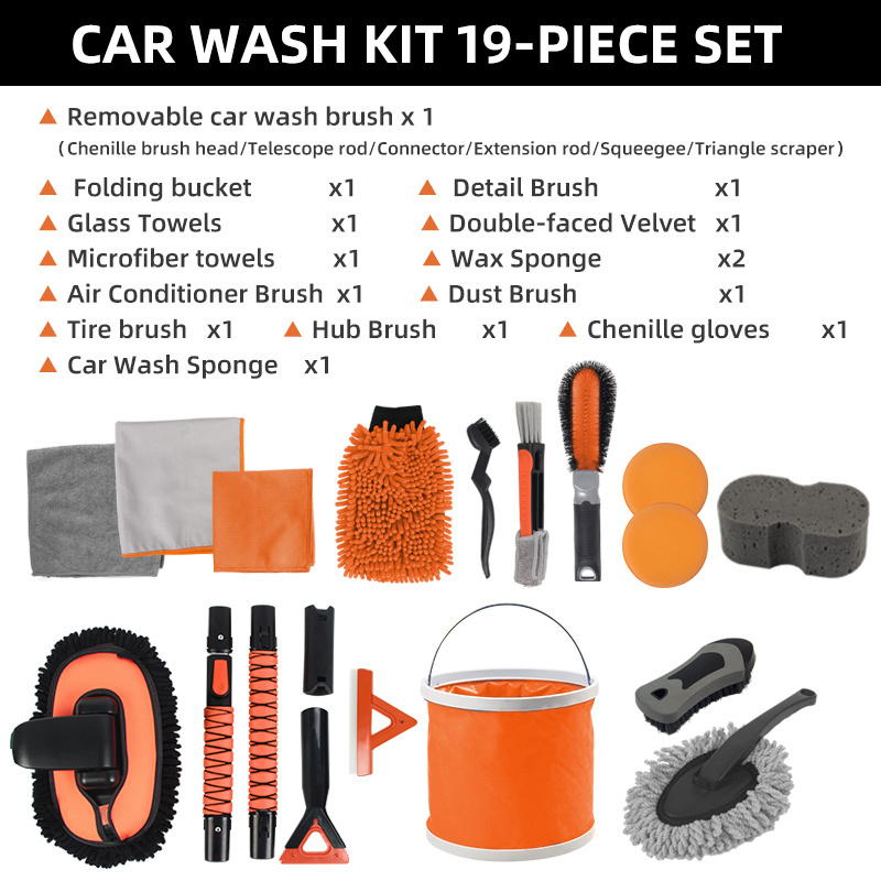 Car cleaning tool 19pcs car wheel tire brush microfiber towel sponge pads kit chenille glove car cleaning kit