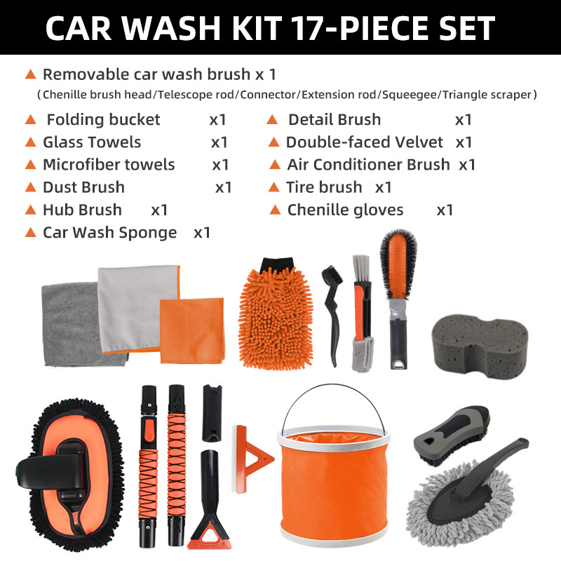 Car wash kit 17pcs chenille mitt car cleaning kit detailing brush sponge wheel exterior interior car wash set