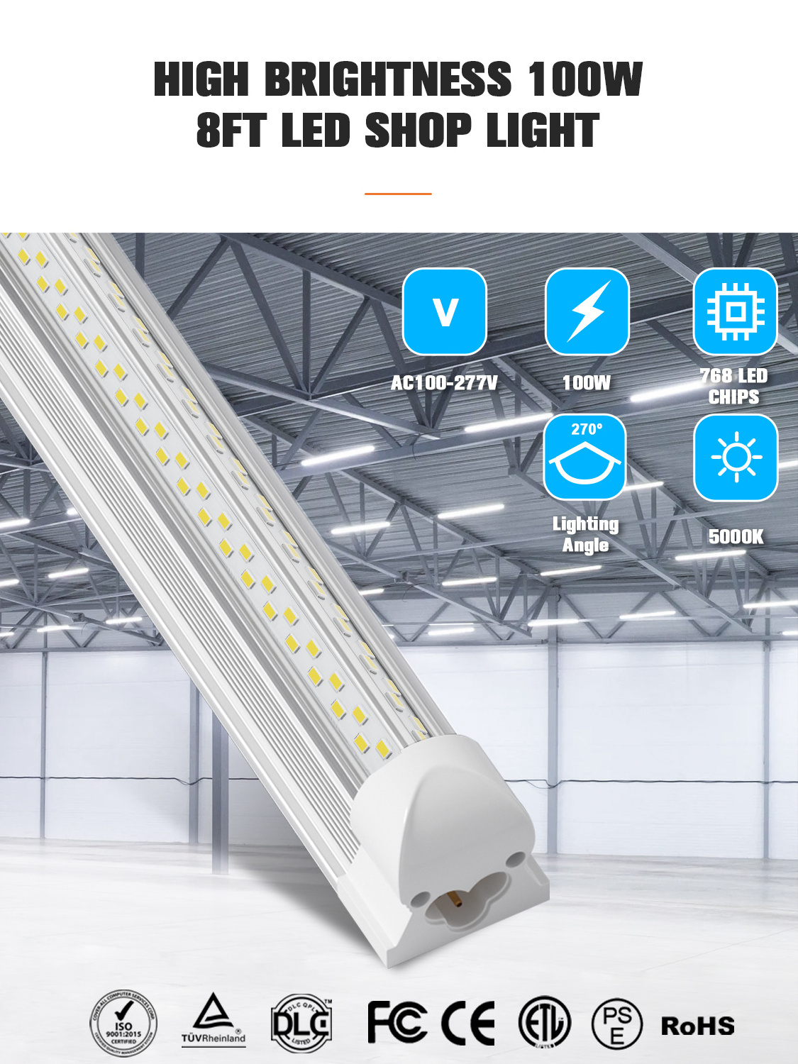 Indoor Lighting V-Shaped Aluminum 50w 100w 4ft 8ft Led Shop Lights 4 8 Foot T8 Integrated Led Tube Light Fixture