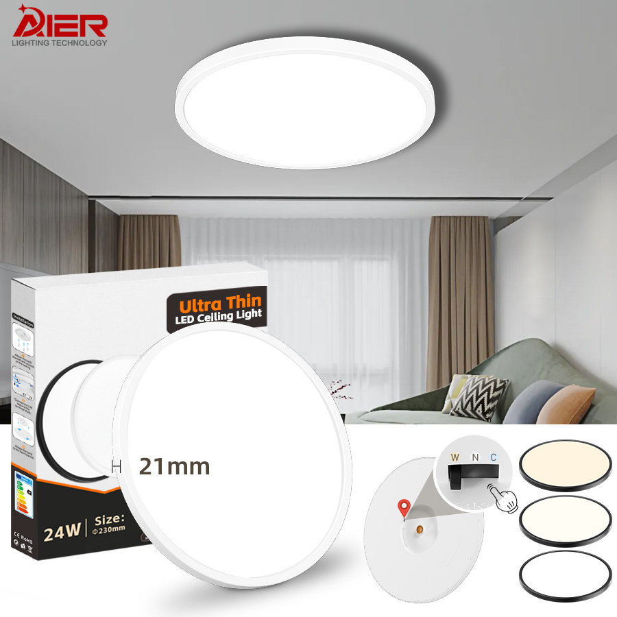 Ultra Thin Slim white 3000k/4000k/6000k 3CCT Dial Swith Dimming Tri-Proof Flush Mount Round Led Ceiling Lights