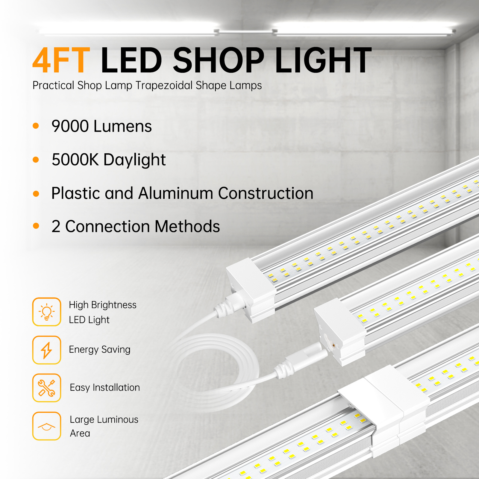 4FT 8FT LED Shop Light Linkable 50W 100W LED Tube Light for Garages Workshops Basements Hanging or Power Cord Hanging rope