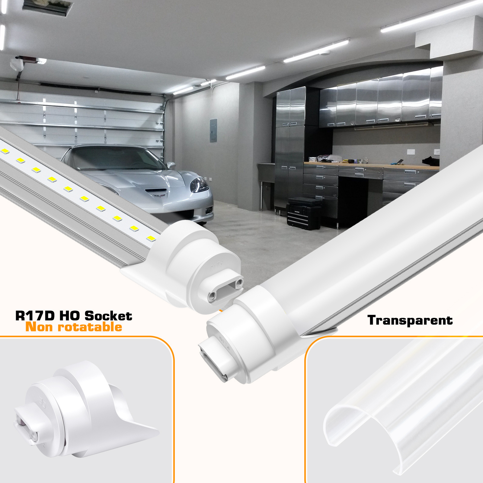 8FT LED Bulbs 5000K Daylight Ballast Bypass Equivalent R17D/HO F96T12/DW/HO Clear Cover T8 T10 T12 Fluorescent Replacement