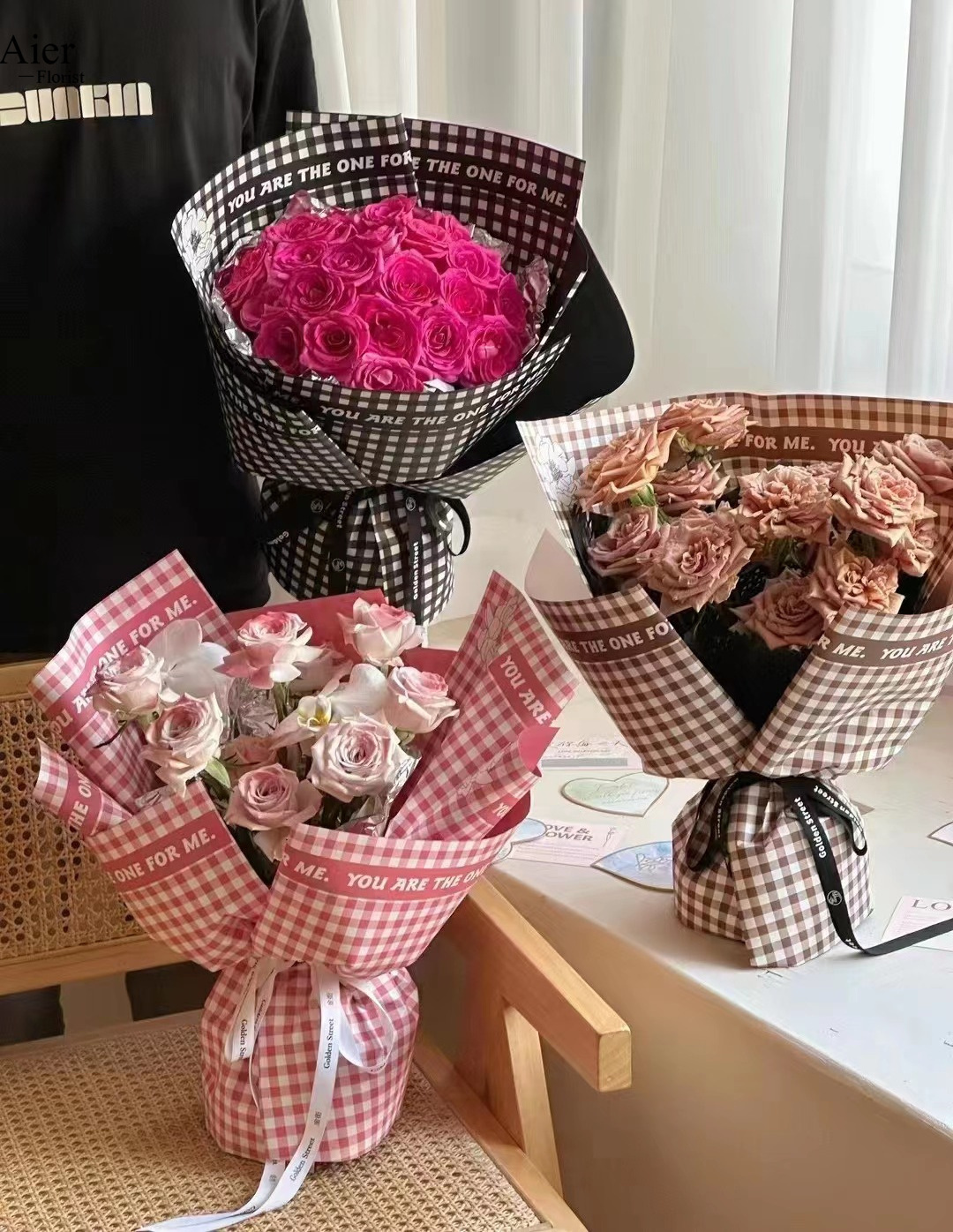 Aierflorist 58*58cm New  luxury Valentine's Day plaid bouquet Floral paper waterproof small checkered wrapper paper for flower