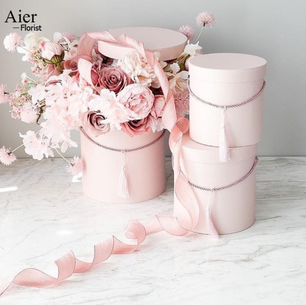 Aierflorist 3PCS SETS Cylinder Florist Portable Box Flower Hat Box Flower Round Gift Box  For Party packaging