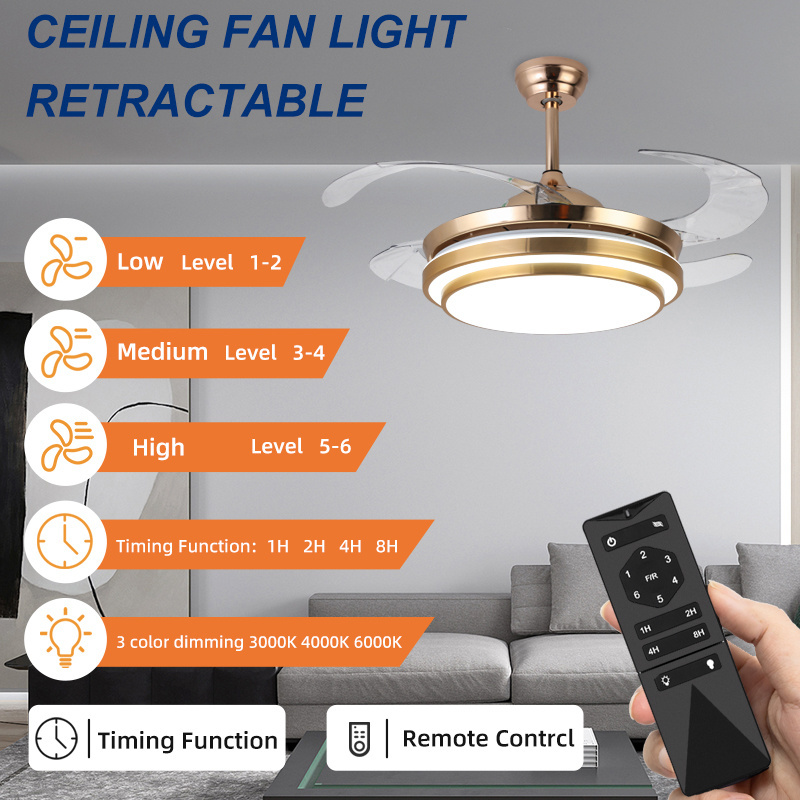 AIERTEC 42'' Chandelier 4 ABS Blades All Copper Moto Retractable Invisible Led Ceiling Fan With Light And Remote