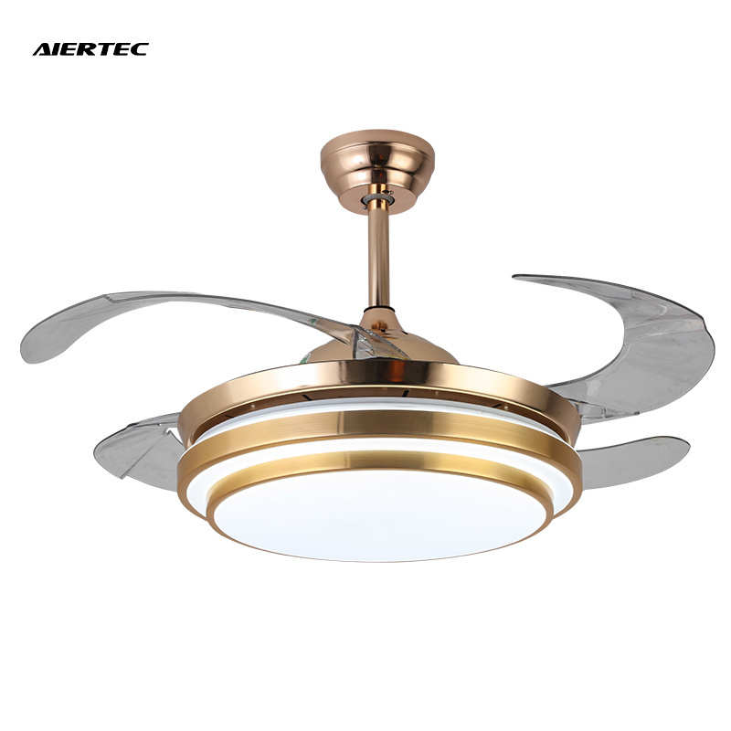 AIERTEC 42'' Chandelier 4 ABS Blades All Copper Moto Retractable Invisible Led Ceiling Fan With Light And Remote