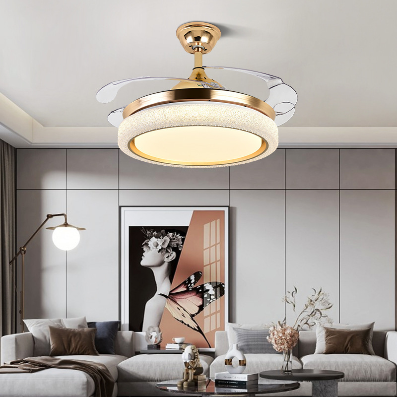 AIERTEC Luxury Crystal Golden Chandelier 42'' 4 Abs Blades Led Ceiling Fan With Light And Remote