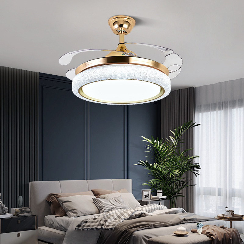 AIERTEC Luxury Crystal Golden Chandelier 42'' 4 Abs Blades Led Ceiling Fan With Light And Remote