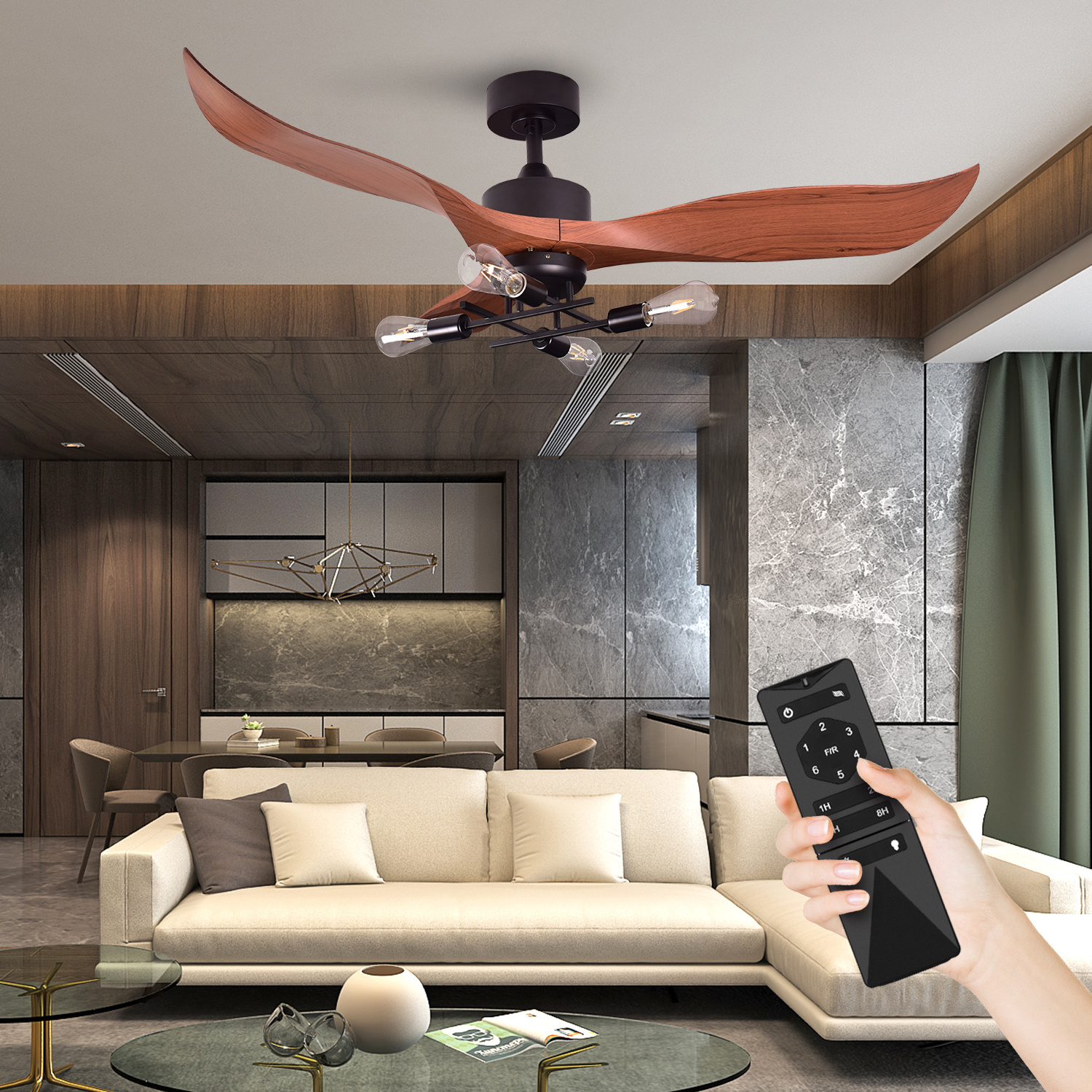 Indoor Outdoor Modern 52'' 3 Abs Blades Flush Mount Remote Control Led Ceiling Fans Light Ceil With Light Remote Control