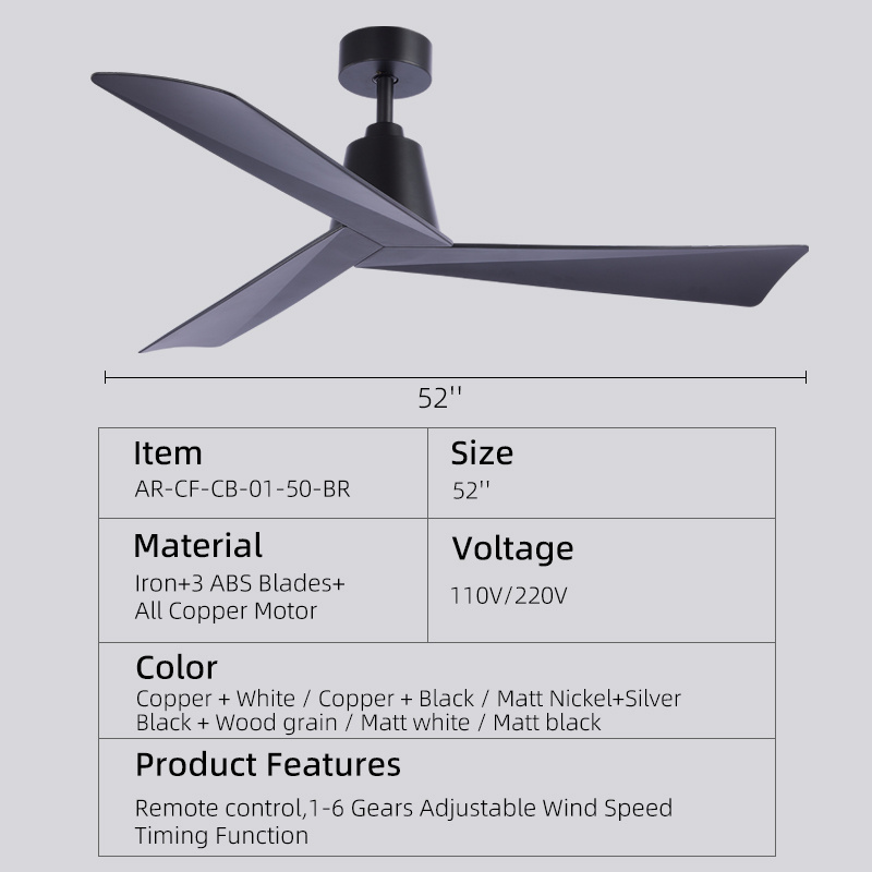 Modern 52 Inch 3 ABS Blades Ceiling Fans With All Copper Motor Remote control 1-6 Gears Adjustable Wind Speed