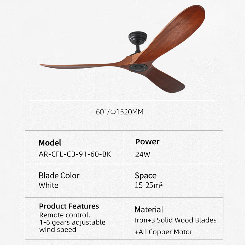 52 Inch Three Solid Wood Blades Ceiling Fan With Remote control 1-6 Gears Adjustable Wind Speed for Living Room Bedroom