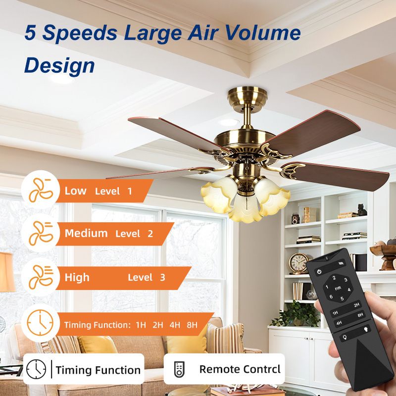 42'' Rustic Classic Bronze 5 Plywood Blades Chandelier Decorative Led Ceiling Fan With Light For Bedroom Living Room Dining Room