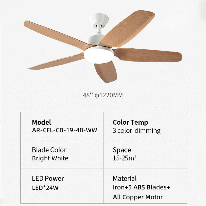 Bright White 3 Color Dimming 5 Blades Led Ceiling Fans With Lamp Inverter Remote Control 1-6 Gears For Living Room