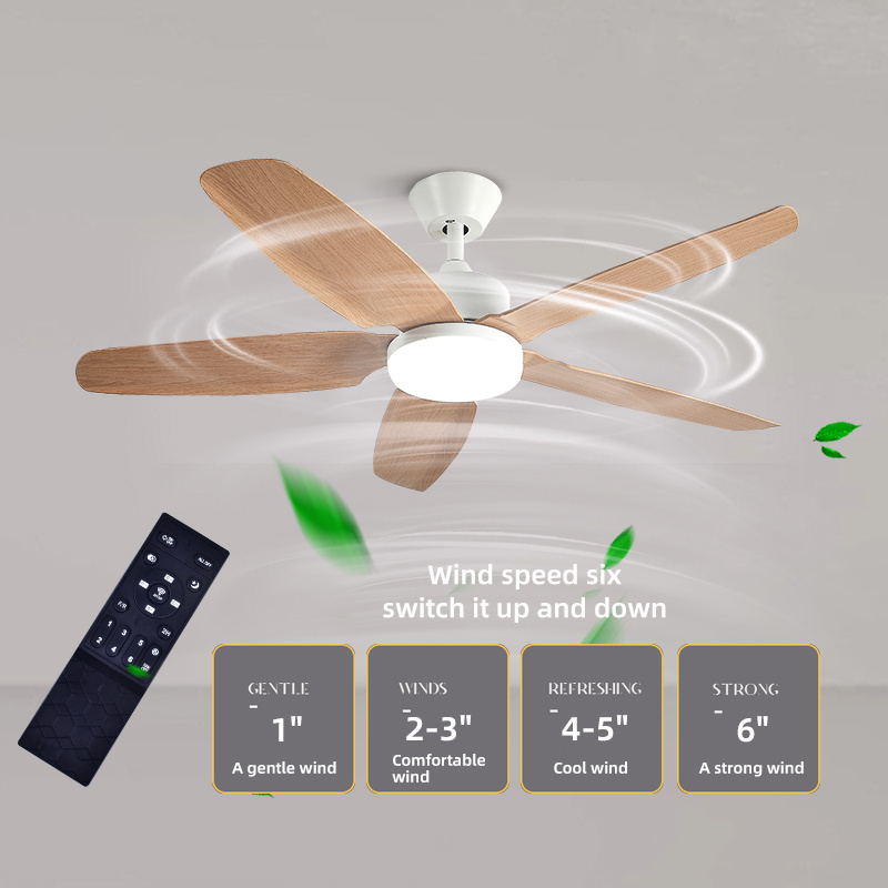 Bright White 3 Color Dimming 5 Blades Led Ceiling Fans With Lamp Inverter Remote Control 1-6 Gears For Living Room