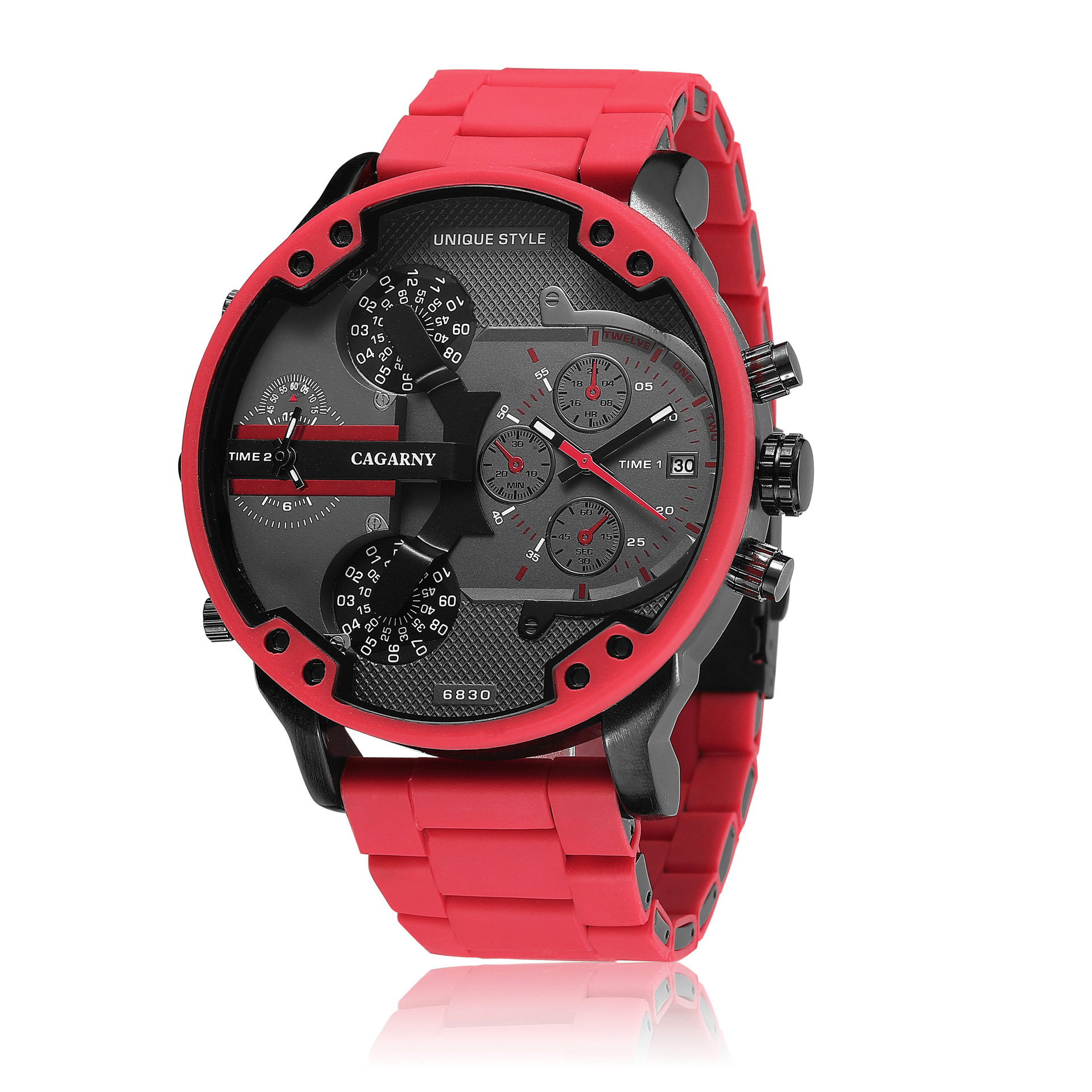 New luxury Cagarny 6830 quartz watch men 57mm big case red Silicone Steel band sport wrist watch business man relogio masculino