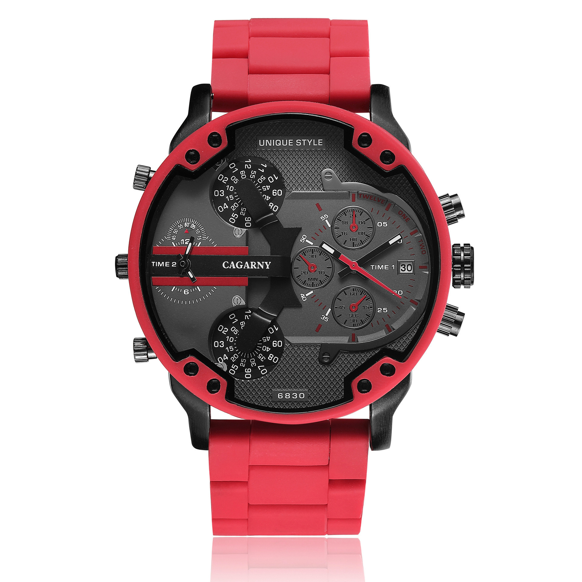 New luxury Cagarny 6830 quartz watch men 57mm big case red Silicone Steel band sport wrist watch business man relogio masculino