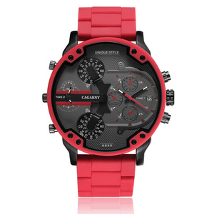 New luxury Cagarny 6830 quartz watch men 57mm big case red Silicone Steel band sport wrist watch business man relogio masculino