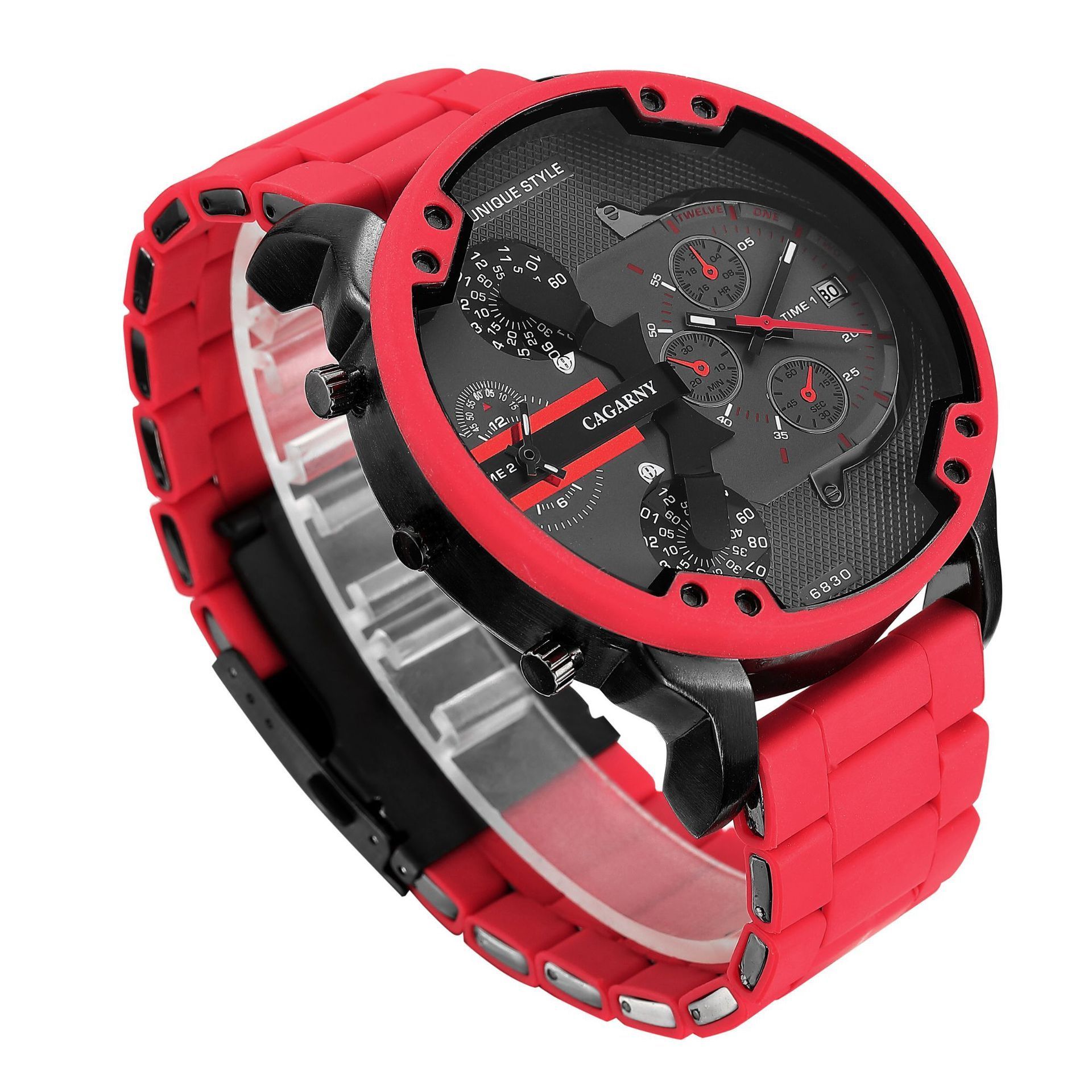 New luxury Cagarny 6830 quartz watch men 57mm big case red Silicone Steel band sport wrist watch business man relogio masculino